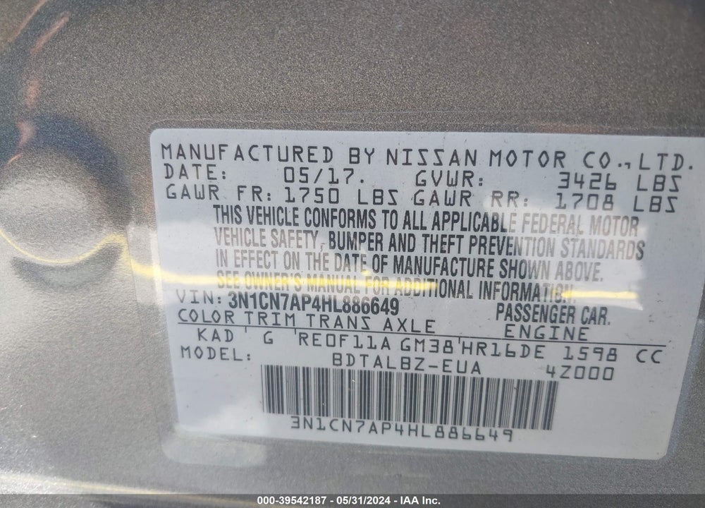 2017 NISSAN VERSA 1.6 SV VIN: 3N1CN7AP4HL886649