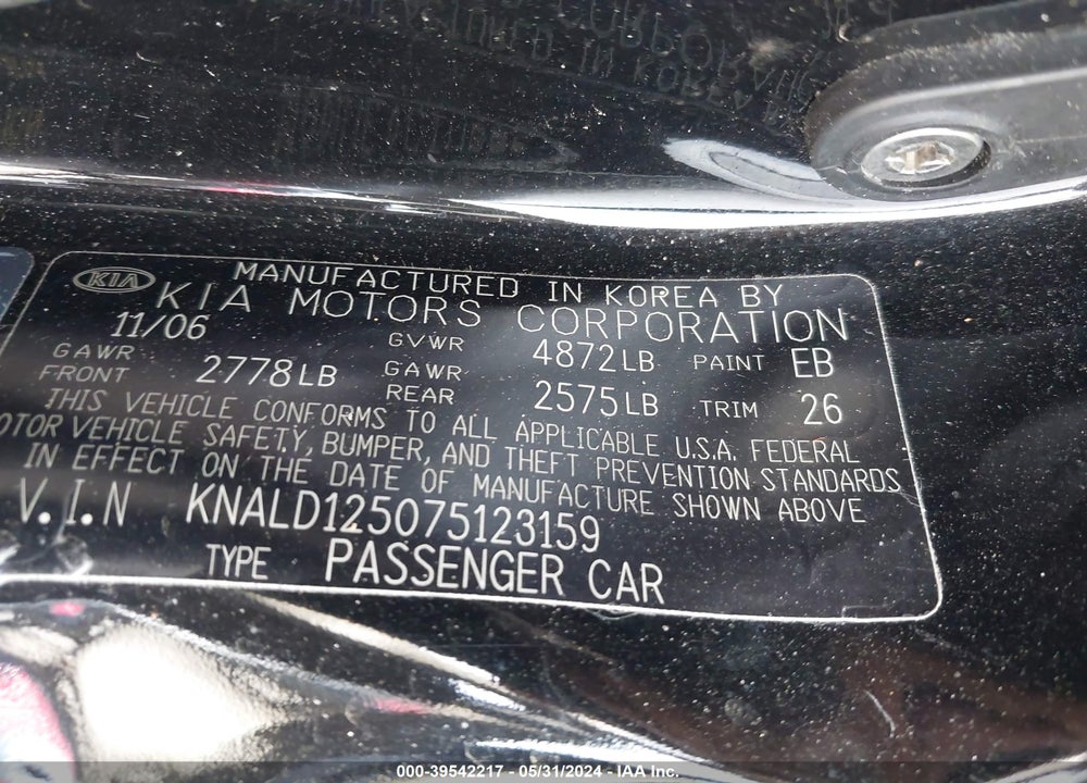2007 KIA AMANTI VIN: KNALD125075123159