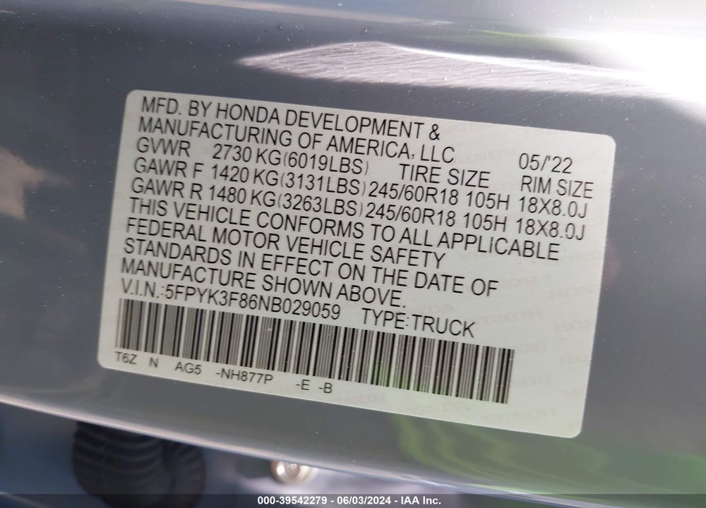 2022 HONDA RIDGELINE BLACK EDITION VIN: 5FPYK3F86NB029059