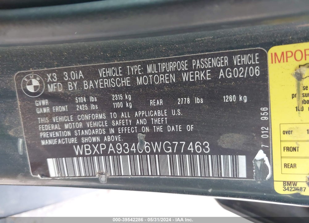 2006 BMW X3 3.0I VIN: WBXPA93406WG77463