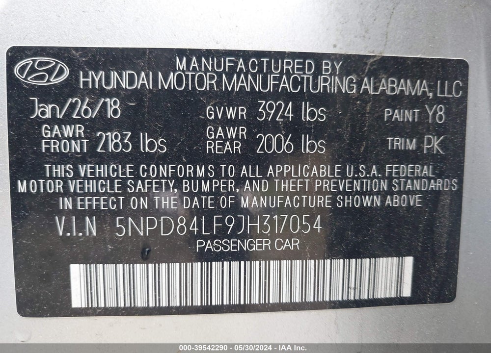2018 HYUNDAI ELANTRA SEL VIN: 5NPD84LF9JH317054