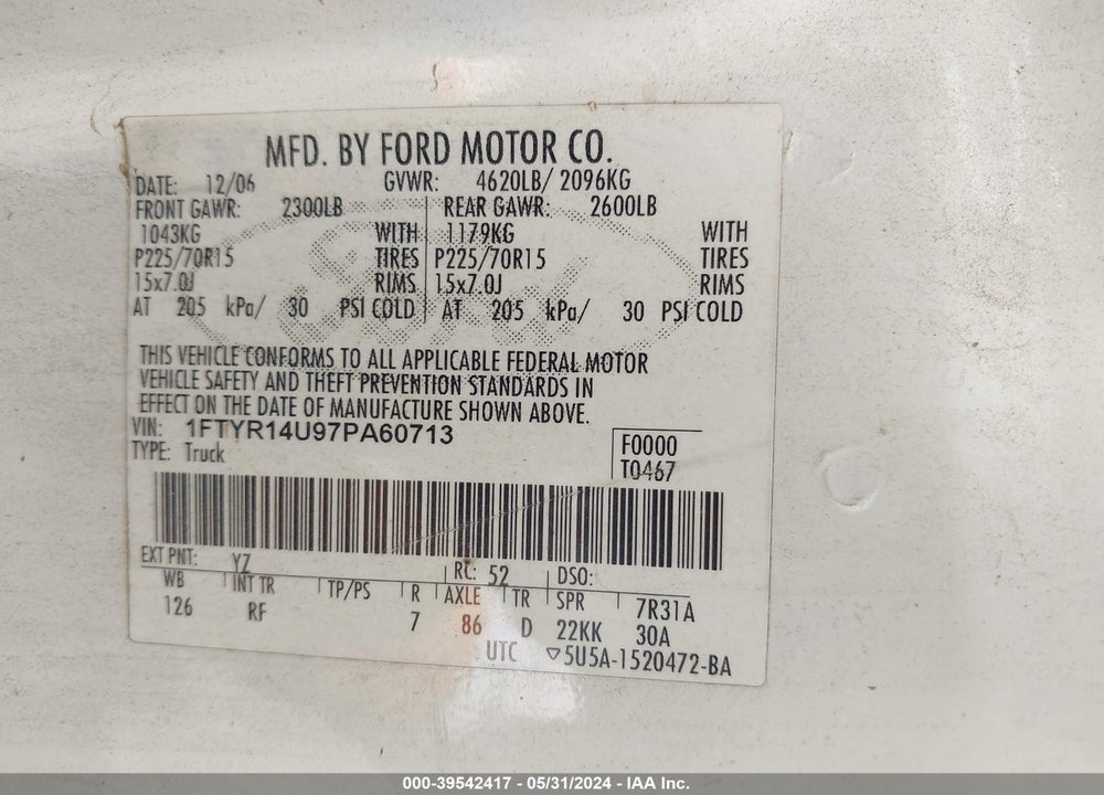 2007 FORD RANGER SPORT/STX/XL/XLT VIN: 1FTYR14U97PA60713