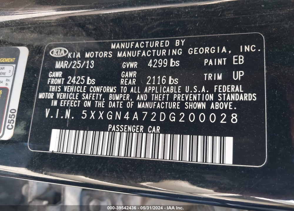 2013 KIA OPTIMA EX VIN: 5XXGN4A72DG200028