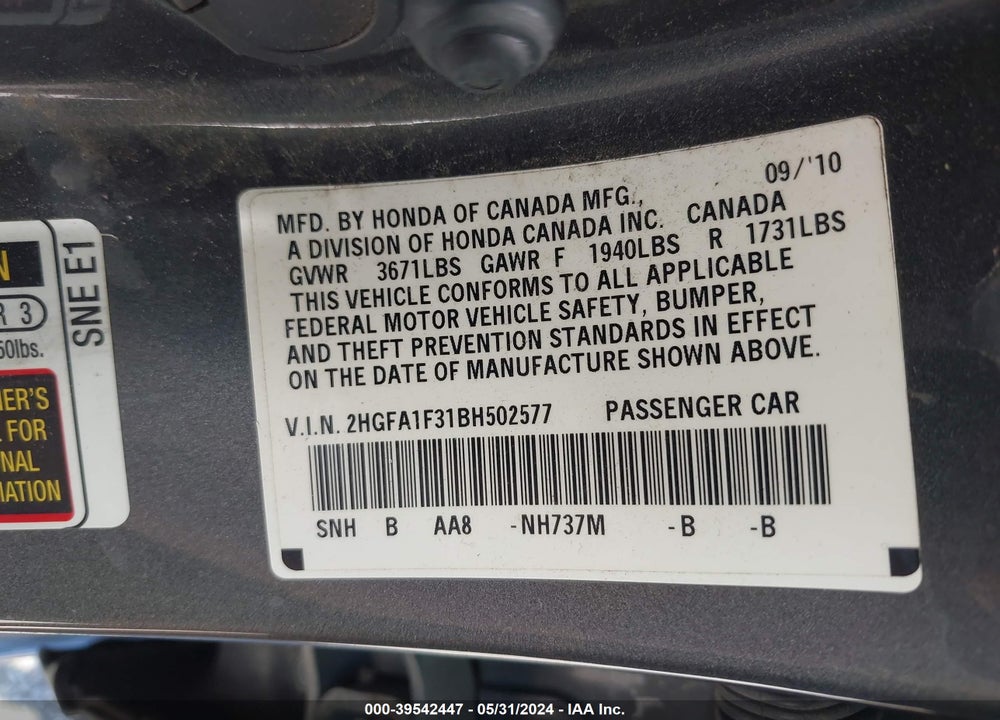 2011 HONDA CIVIC VP VIN: 2HGFA1F31BH502577