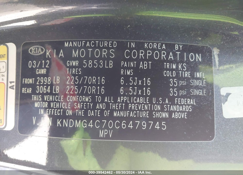 2012 KIA SEDONA LX VIN: KNDMG4C70C6479745