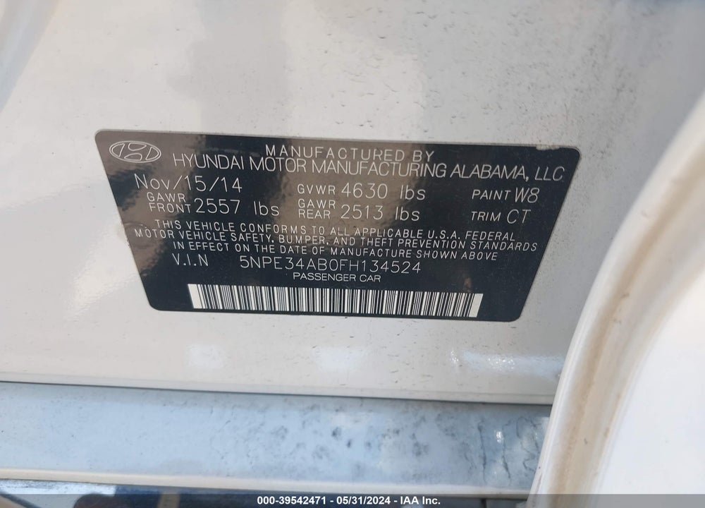 2015 HYUNDAI SONATA LIMITED 2.0T VIN: 5NPE34AB0FH134524
