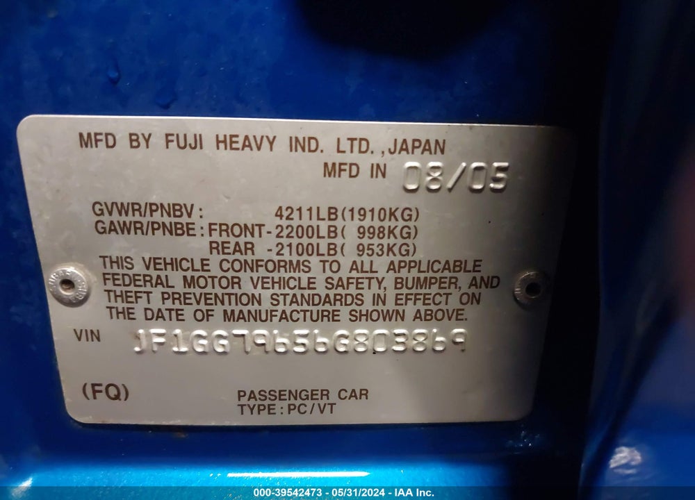 2006 SUBARU IMPREZA WRX/WRX LIMITED VIN: JF1GG79656G803869