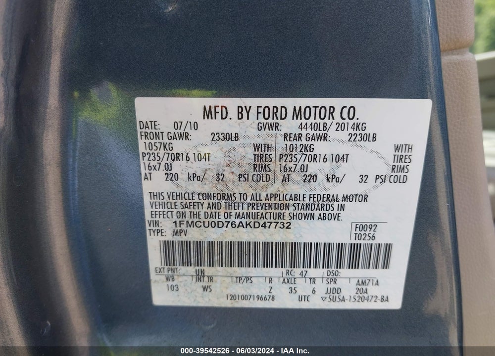 2010 FORD ESCAPE XLT VIN: 1FMCU0D76AKD47732