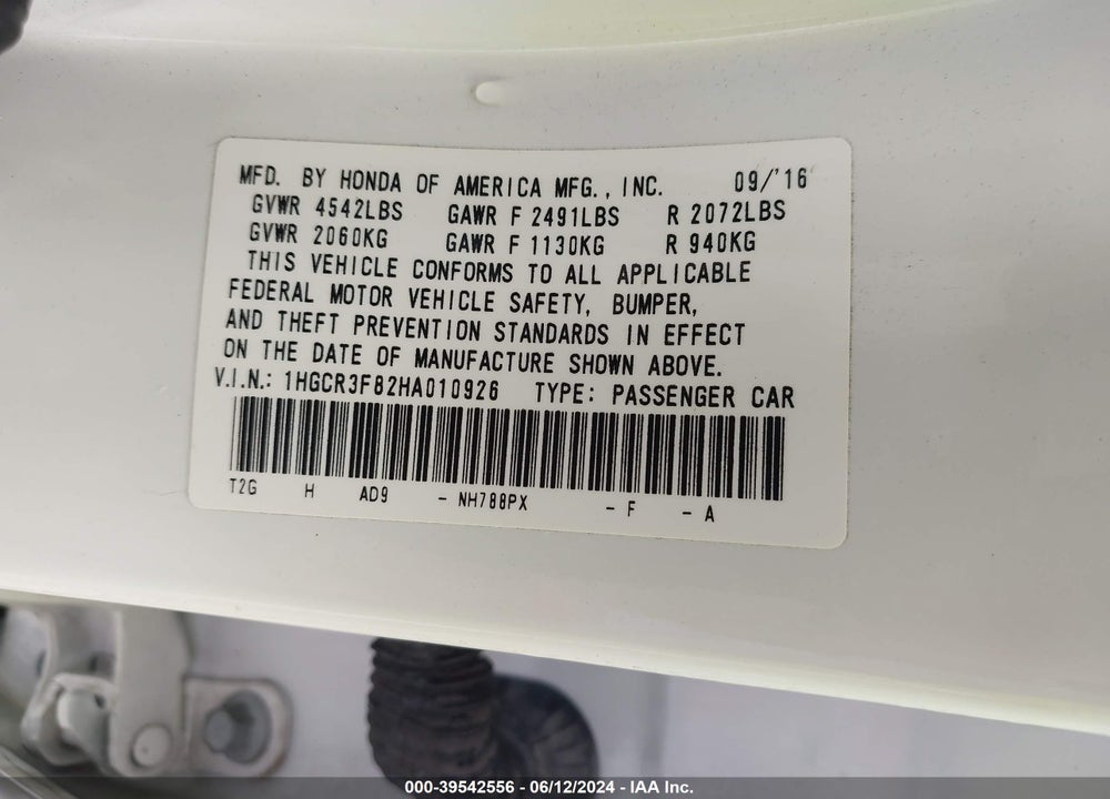 2017 HONDA ACCORD EX-L V6 VIN: 1HGCR3F82HA010926