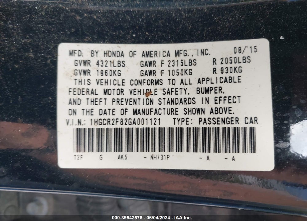 2016 HONDA ACCORD EX-L VIN: 1HGCR2F82GA001121