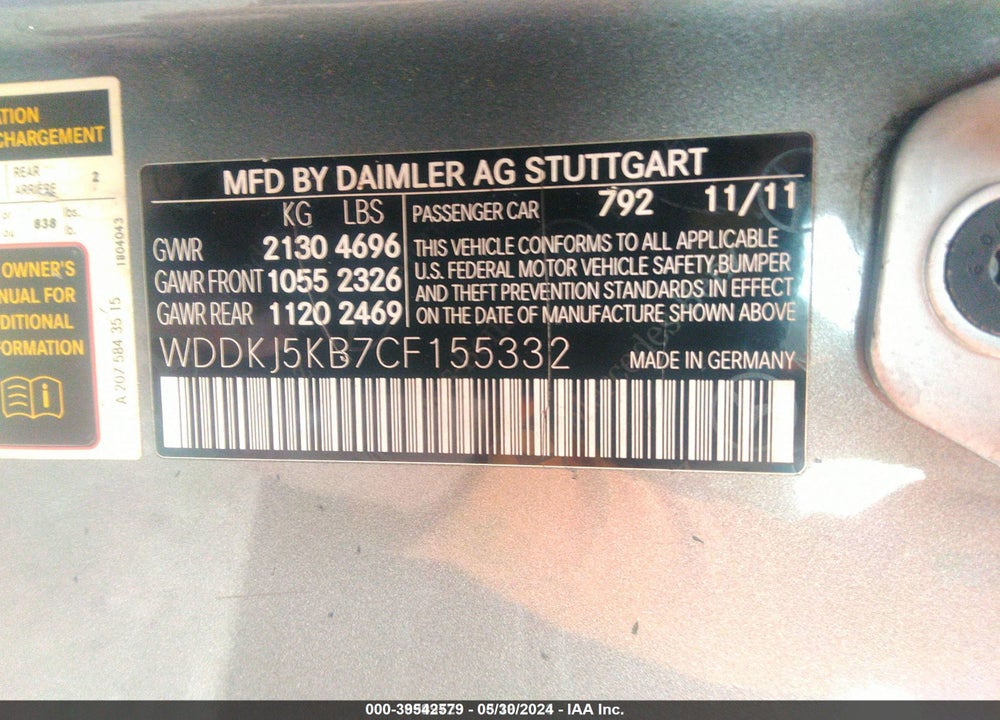 2012 MERCEDES-BENZ E 350 VIN: WDDKJ5KB7CF155332