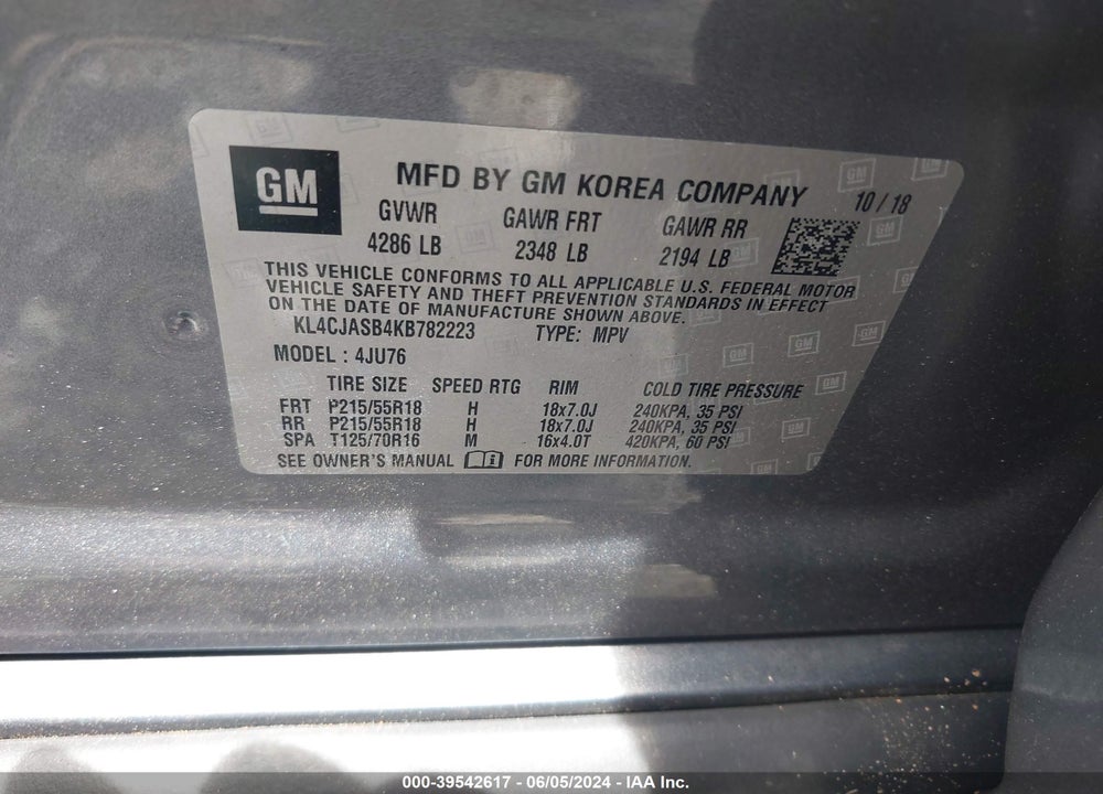 2019 BUICK ENCORE FWD PREFERRED VIN: KL4CJASB4KB782223