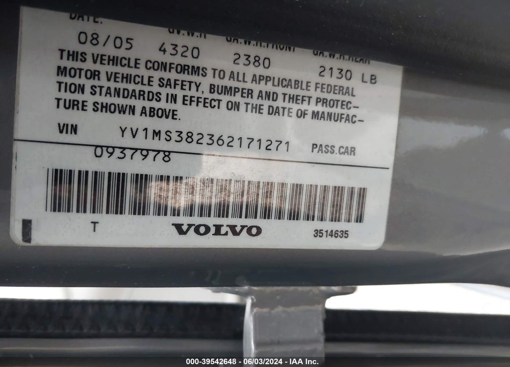 2006 VOLVO S40 2.4I VIN: YV1MS382362171271