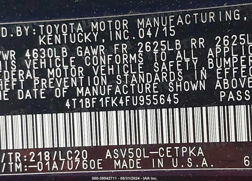 2015 TOYOTA CAMRY XSE VIN: 4T1BF1FK4FU955645