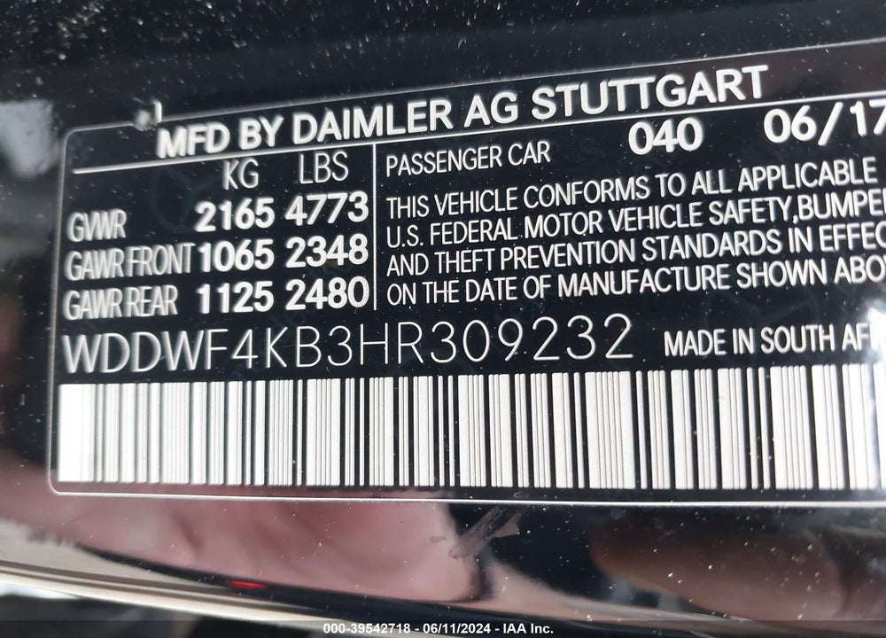 2017 MERCEDES-BENZ C 300 4MATIC/LUXURY 4MATIC/SPORT 4MATIC VIN: WDDWF4KB3HR309232