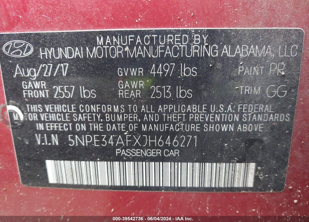 2018 HYUNDAI SONATA SEL VIN: 5NPE34AFXJH646271