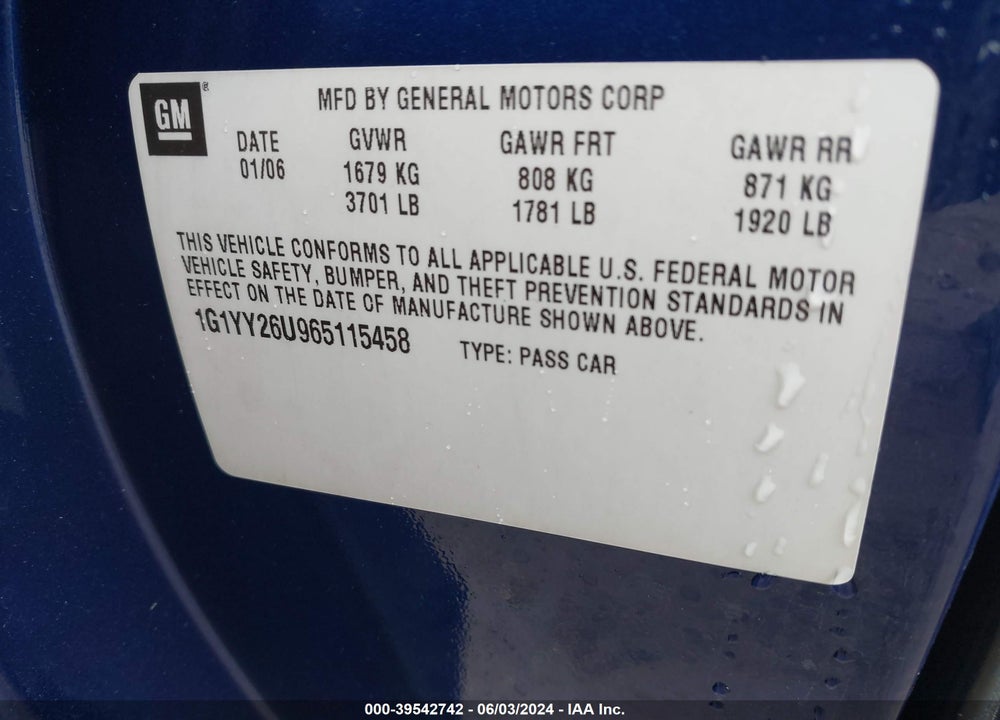 2006 CHEVROLET CORVETTE VIN: 1G1YY26U965115458