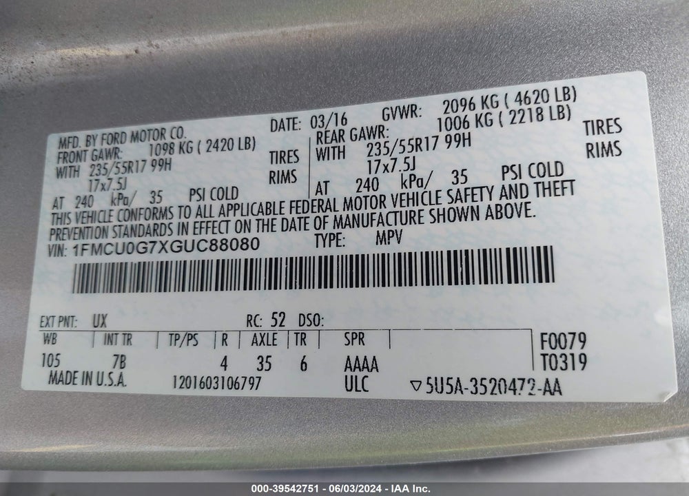 2016 FORD ESCAPE SE VIN: 1FMCU0G7XGUC88080