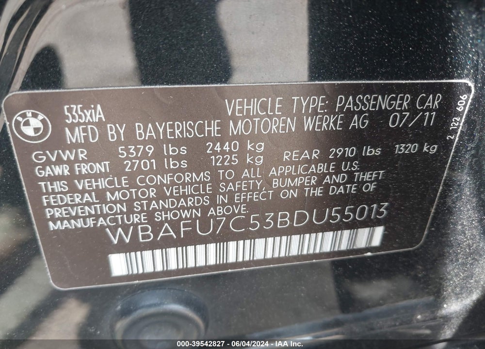 2011 BMW 535I XDRIVE VIN: WBAFU7C53BDU55013