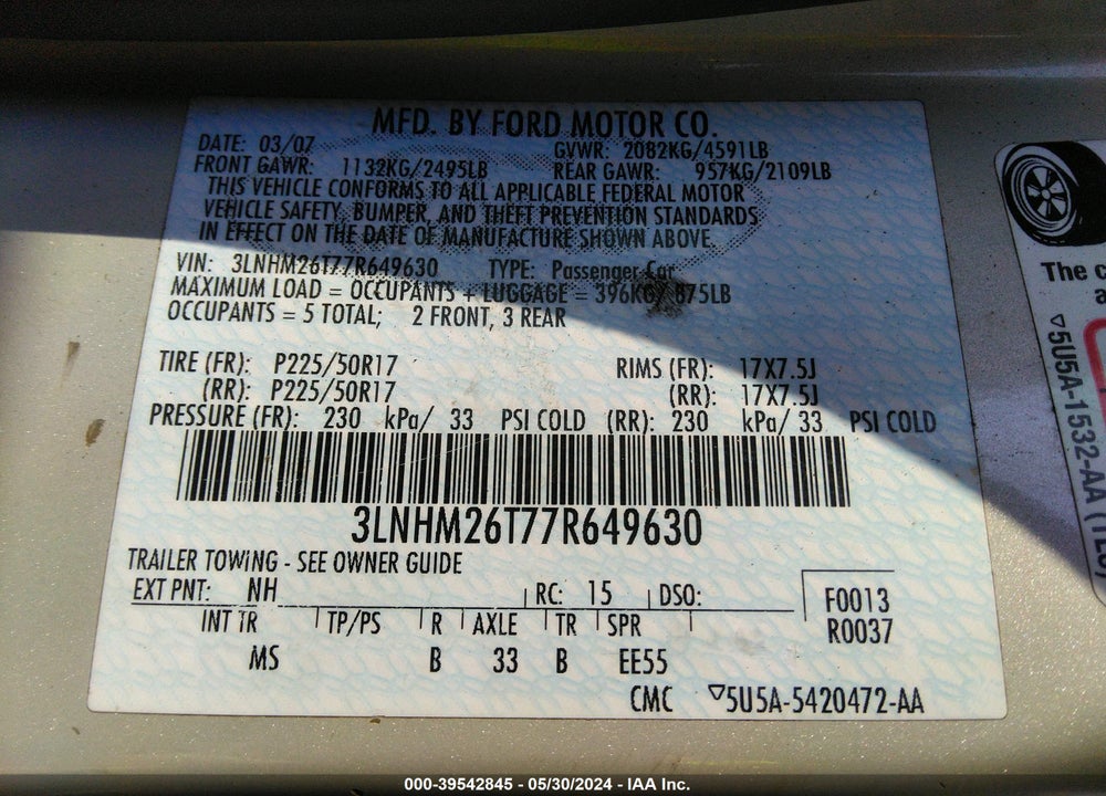 2007 LINCOLN MKZ VIN: 3LNHM26T77R649630