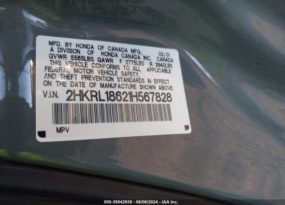 2001 HONDA ODYSSEY EX VIN: 2HKRL18621H567828