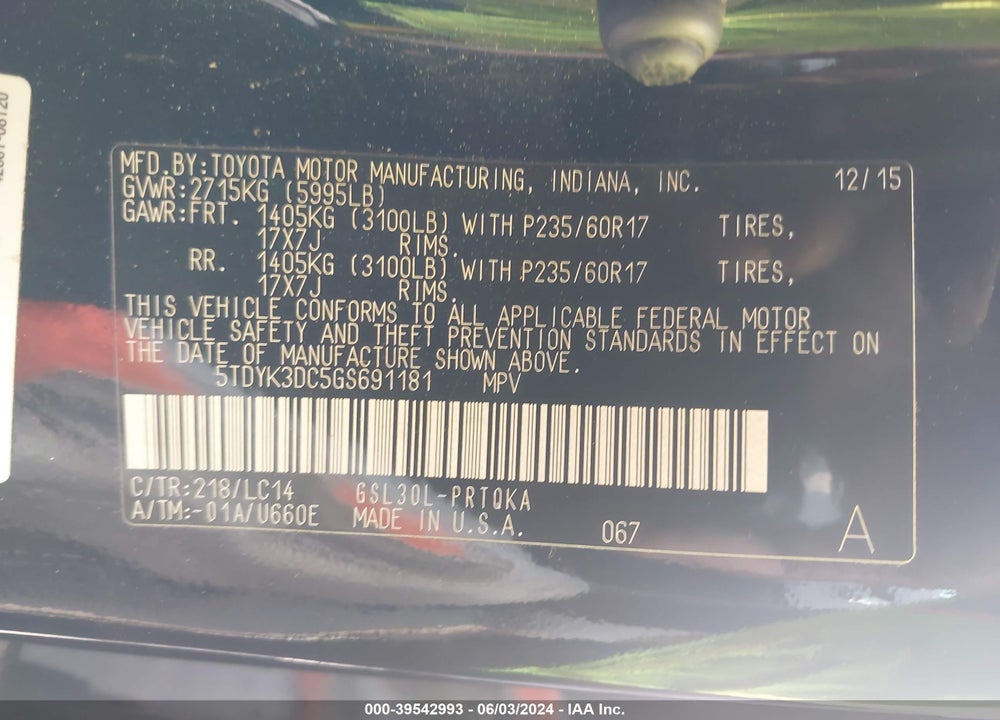 2016 TOYOTA SIENNA XLE 8 PASSENGER VIN: 5TDYK3DC5GS691181