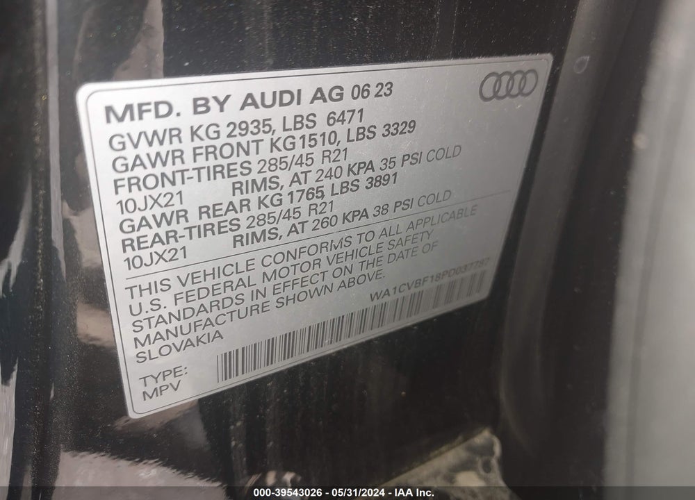 2023 AUDI Q8 PRESTIGE 55 TFSI QUATTRO TIPTRONIC VIN: WA1CVBF18PD037787