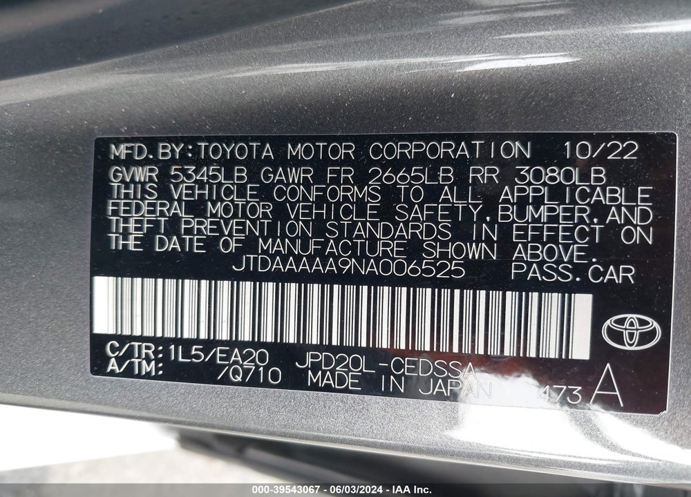 2022 TOYOTA MIRAI XLE VIN: JTDAAAAA9NA006525