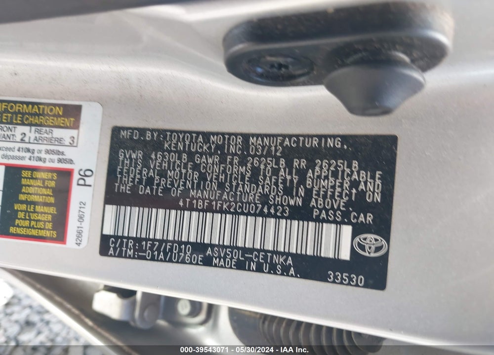2012 TOYOTA CAMRY LE VIN: 4T1BF1FK2CU074423