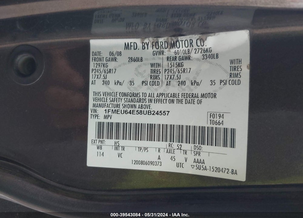 2008 FORD EXPLORER EDDIE BAUER VIN: 1FMEU64E58UB24557