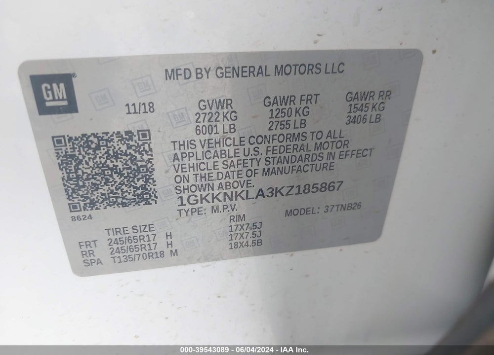 2019 GMC ACADIA SLE-1 VIN: 1GKKNKLA3KZ185867