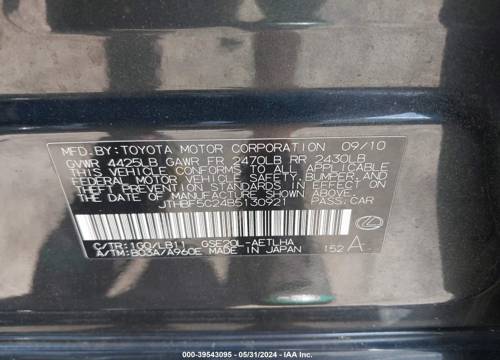 2011 LEXUS IS 250 VIN: JTHBF5C24B5130921