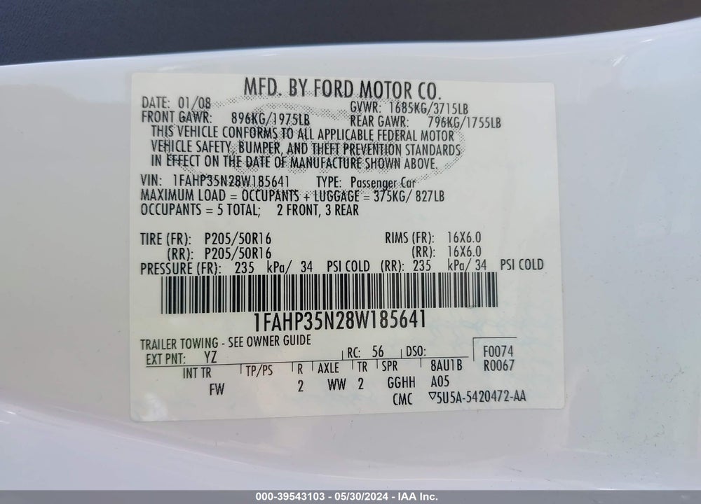 2008 FORD FOCUS SE/SES VIN: 1FAHP35N28W185641