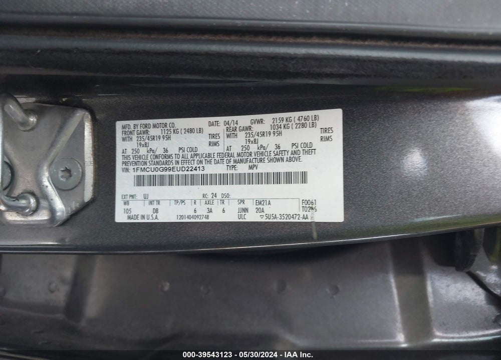 2014 FORD ESCAPE SE VIN: 1FMCU0G99EUD22413