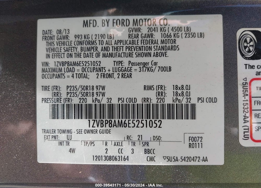 2014 FORD MUSTANG V6 PREMIUM VIN: 1ZVBP8AM6E5251052