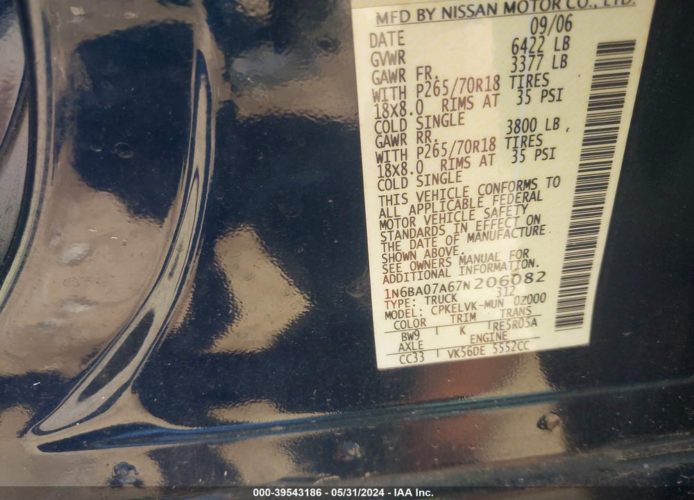 2007 NISSAN TITAN LE VIN: 1N6BA07A67N206082