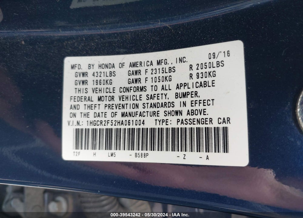 2017 HONDA ACCORD SPORT VIN: 1HGCR2F52HA061004