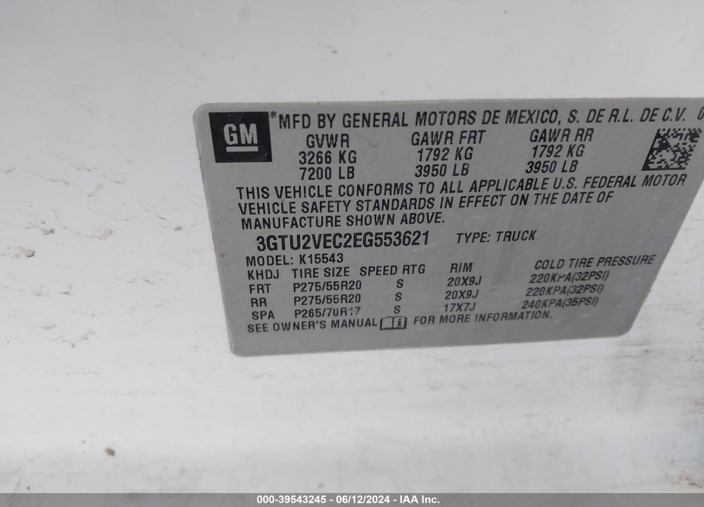 2014 GMC SIERRA 1500 SLT VIN: 3GTU2VEC2EG553621