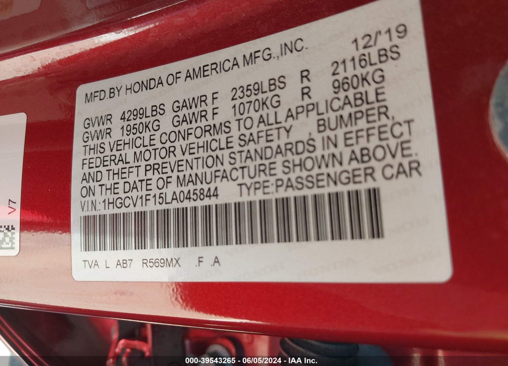 2020 HONDA ACCORD LX VIN: 1HGCV1F15LA045844