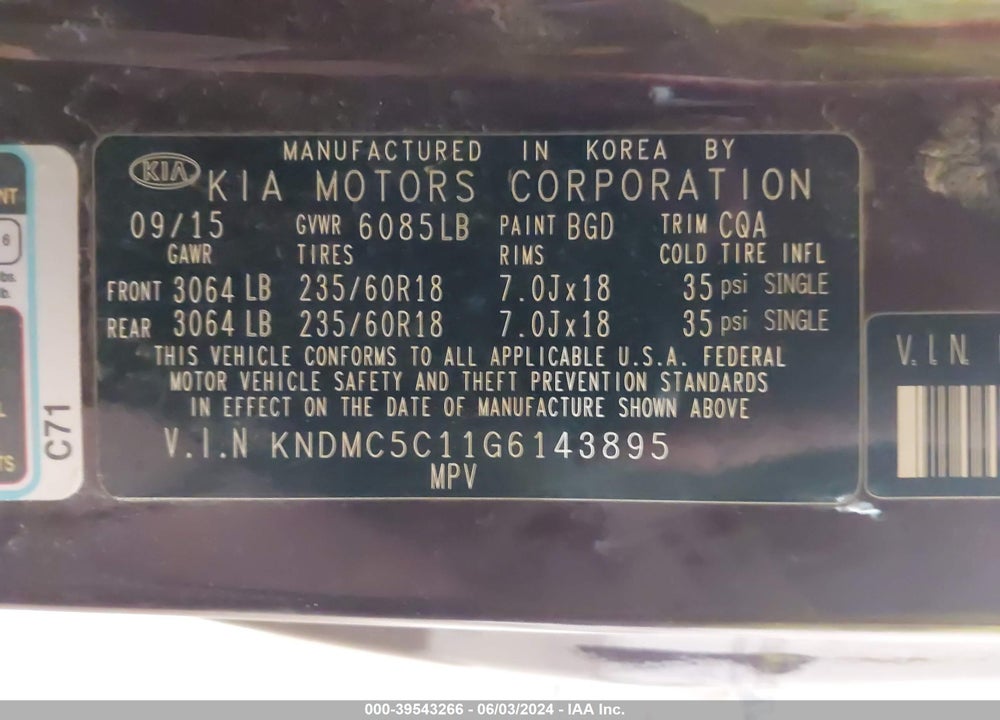 2016 KIA SEDONA EX VIN: KNDMC5C11G6143895