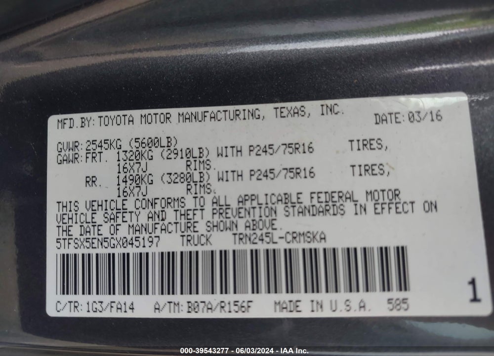 2016 TOYOTA TACOMA SR VIN: 5TFSX5EN5GX045197