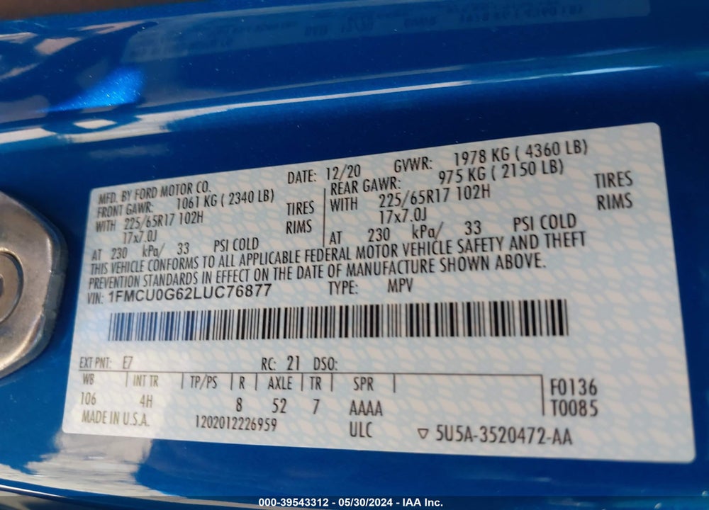 2020 FORD ESCAPE SE VIN: 1FMCU0G62LUC76877