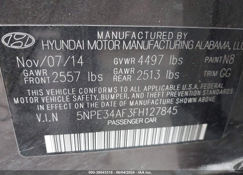 2015 HYUNDAI SONATA SPORT VIN: 5NPE34AF3FH127845