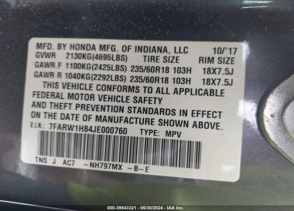 2018 HONDA CR-V EX-L/EX-L NAVI VIN: 7FARW1H84JE000760