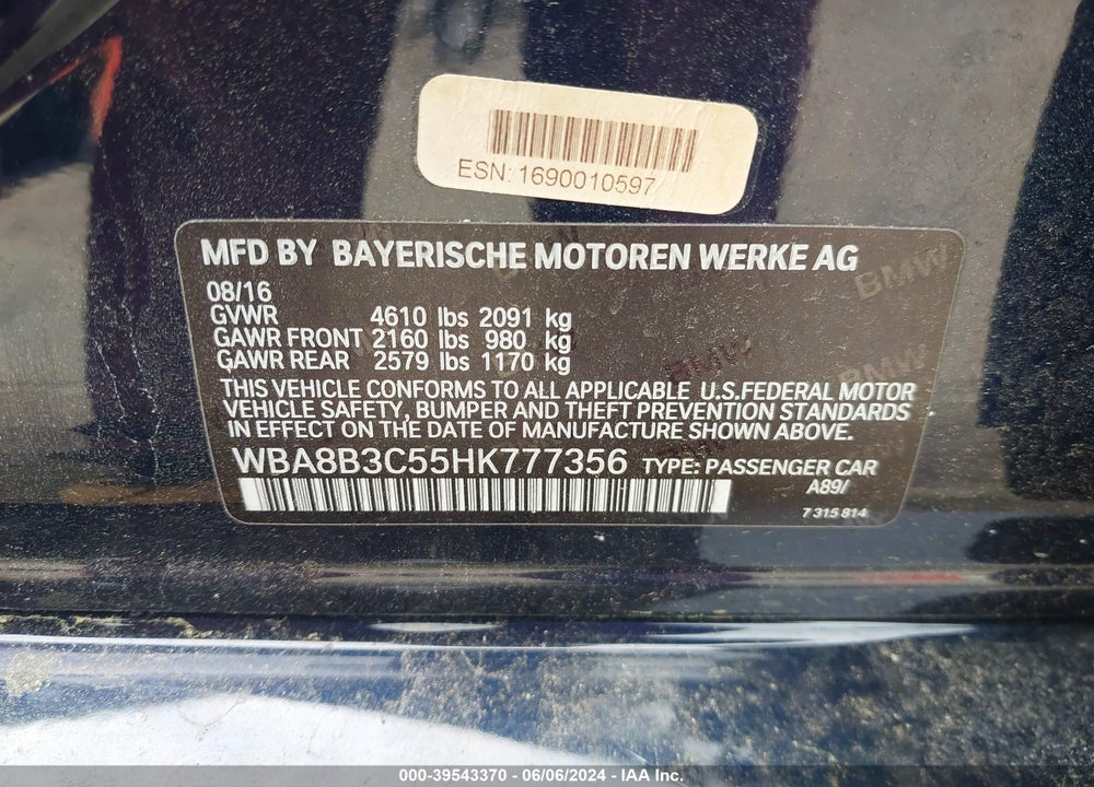 2017 BMW 340I VIN: WBA8B3C55HK777356
