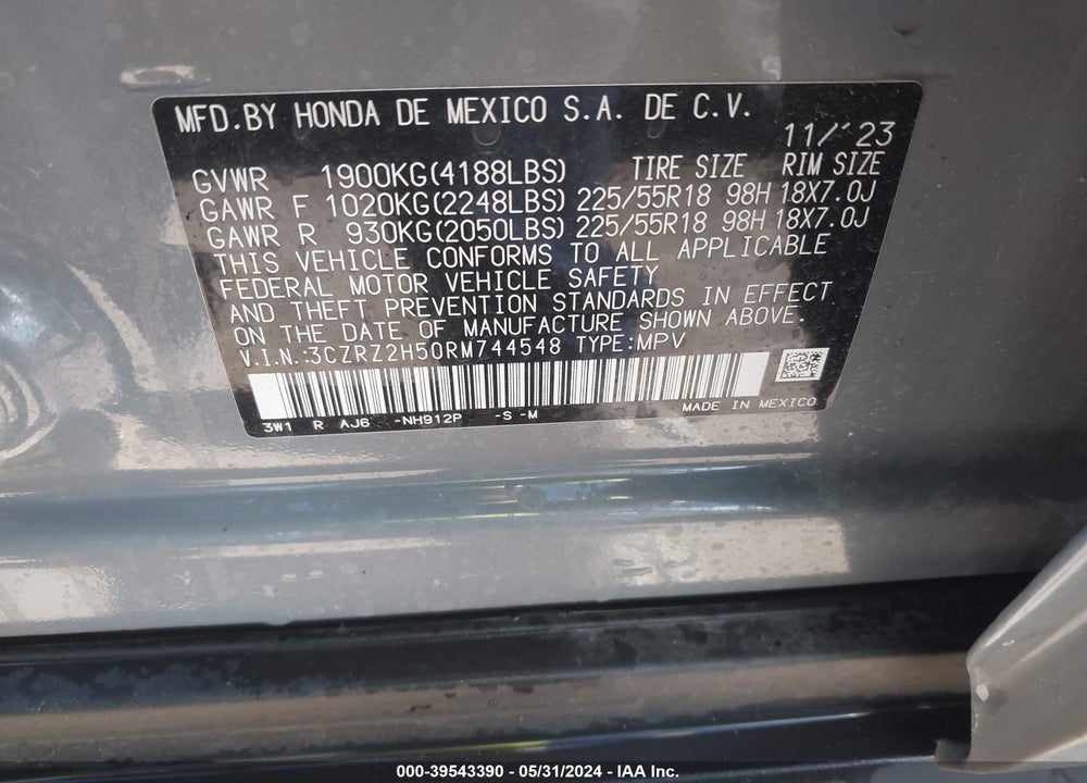 2024 HONDA HR-V AWD SPORT/AWD SPORT W/O BSI VIN: 3CZRZ2H50RM744548