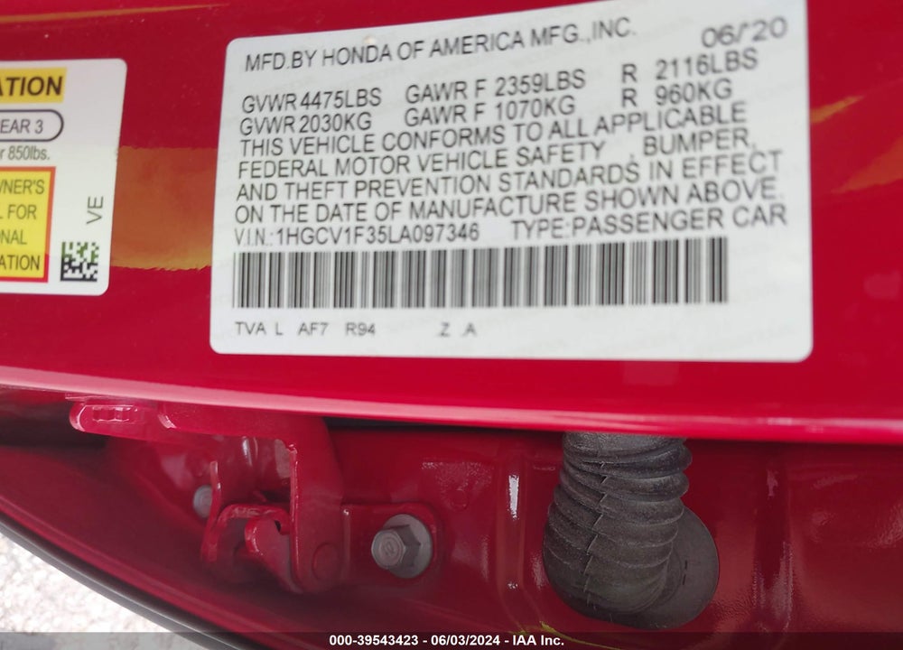 2020 HONDA ACCORD SPORT VIN: 1HGCV1F35LA097346