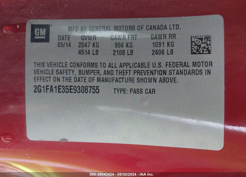 2014 CHEVROLET CAMARO 2LS VIN: 2G1FA1E35E9308755