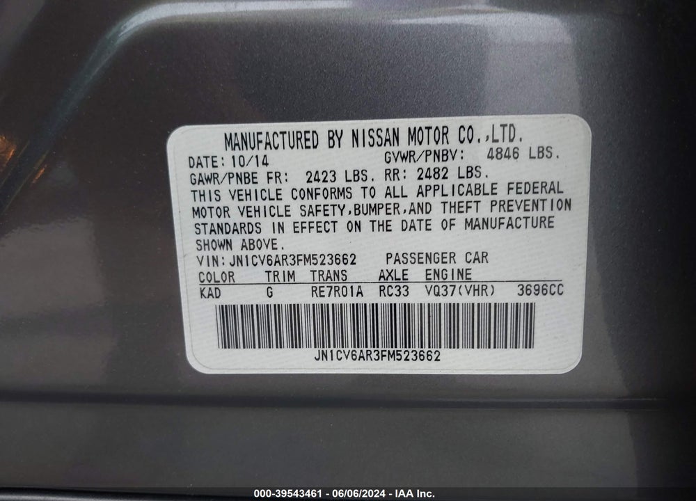 2015 INFINITI Q40 VIN: JN1CV6AR3FM523662