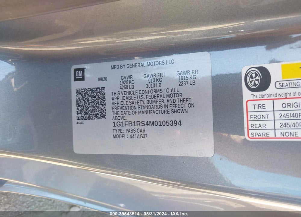 2021 CHEVROLET CAMARO RWD 1LT VIN: 1G1FB1RS4M0105394